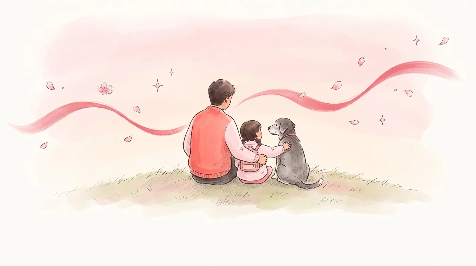 丘の上で寄り添う人と動物の水彩イラスト